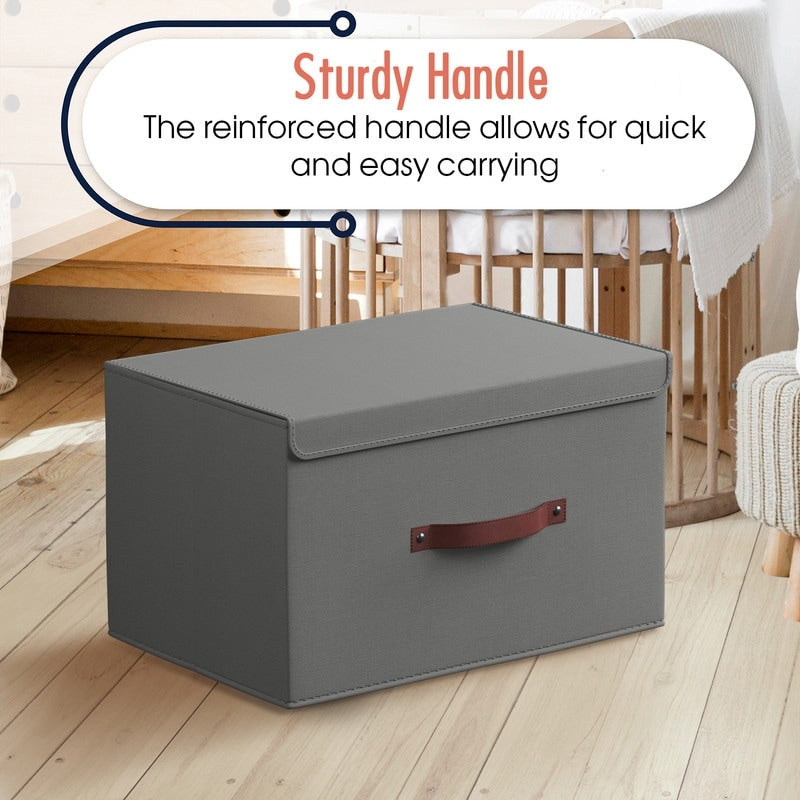 Cestini portaoggetti pieghevoli e grandi in tessuto di lino con manici in pelle e coperchio - Set da 3