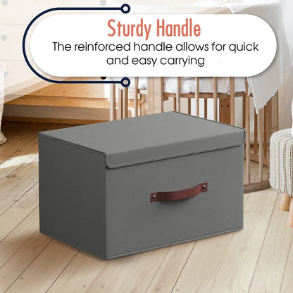 Cestini portaoggetti pieghevoli e grandi in tessuto di lino con manici in pelle e coperchio - Set da 3