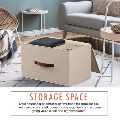 Cestini portaoggetti pieghevoli e grandi in tessuto di lino con manici in pelle e coperchio - Set da 3