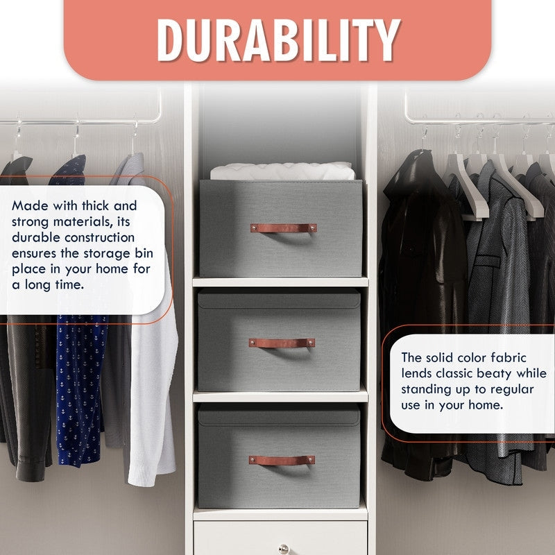 Cestini portaoggetti pieghevoli e grandi in tessuto di lino con manici in pelle e coperchio - Set da 3