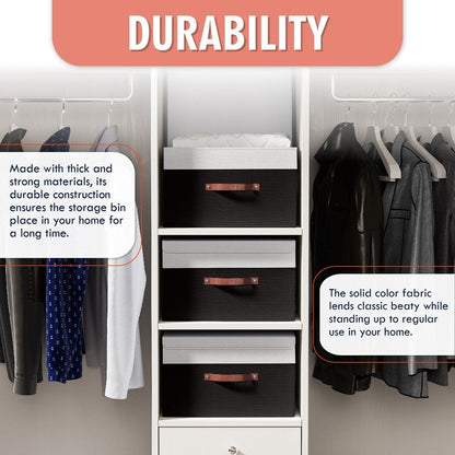 Cestini portaoggetti pieghevoli e grandi in tessuto di lino con manici in pelle e coperchio - Set da 3