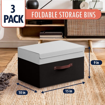 Cestini portaoggetti pieghevoli e grandi in tessuto di lino con manici in pelle e coperchio - Set da 3