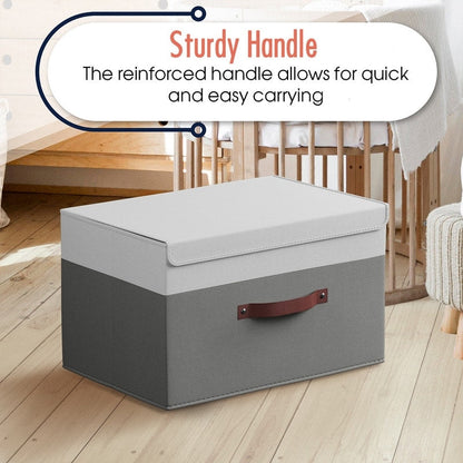 Cestini portaoggetti pieghevoli e grandi in tessuto di lino con manici in pelle e coperchio - Set da 3