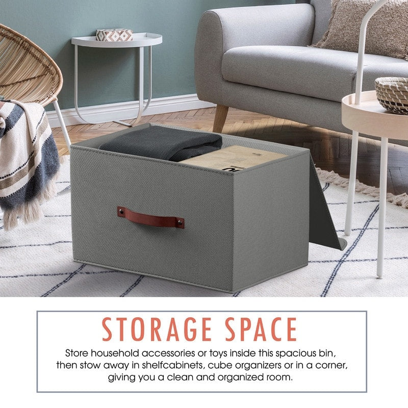 Cestini portaoggetti pieghevoli e grandi in tessuto di lino con manici in pelle e coperchio - Set da 3