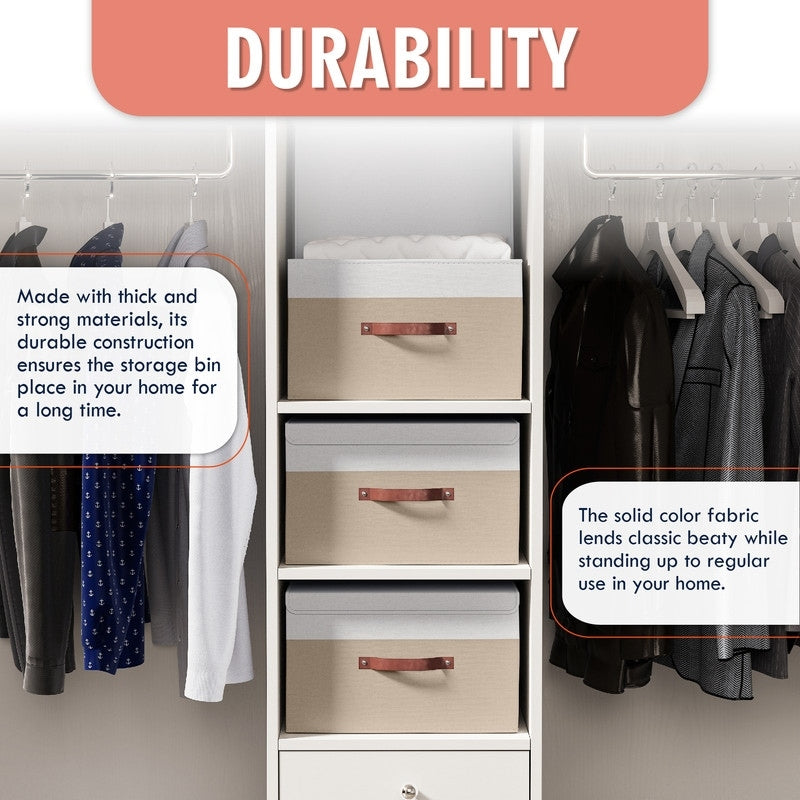 Cestini portaoggetti pieghevoli e grandi in tessuto di lino con manici in pelle e coperchio - Set da 3