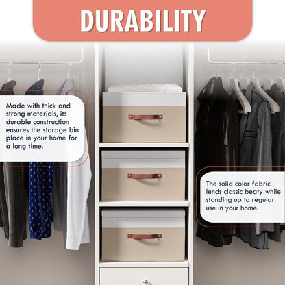 Cestini portaoggetti pieghevoli e grandi in tessuto di lino con manici in pelle e coperchio - Set da 3