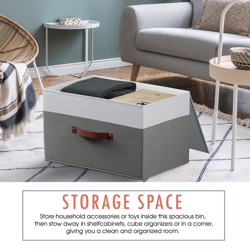 Cestini portaoggetti pieghevoli e grandi in tessuto di lino con manici in pelle e coperchio - Set da 3