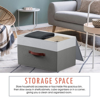 Cestini portaoggetti pieghevoli e grandi in tessuto di lino con manici in pelle e coperchio - Set da 3