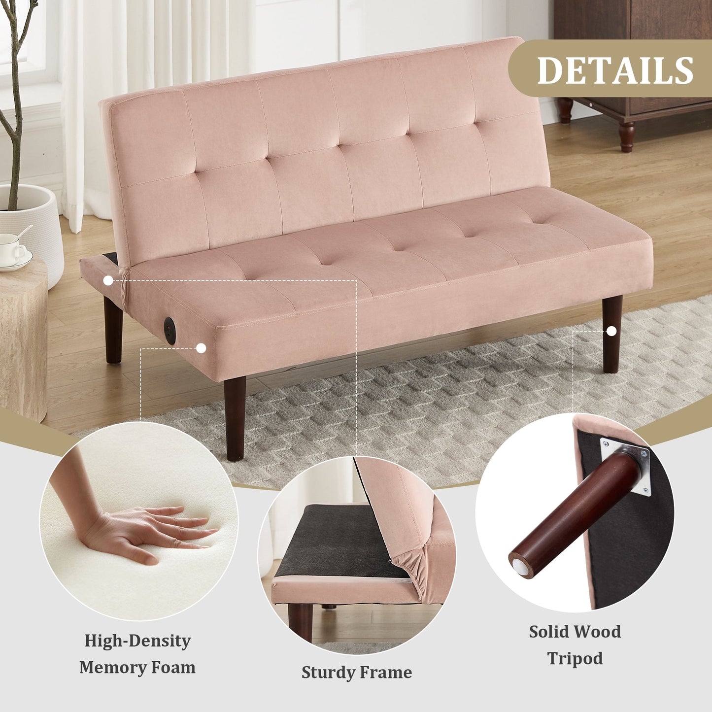 Divano letto pieghevole alla moda, schienale in tessuto di flanella di alta qualità, divano reclinabile futon regolabile, divano moderno alla moda con porta di ricarica