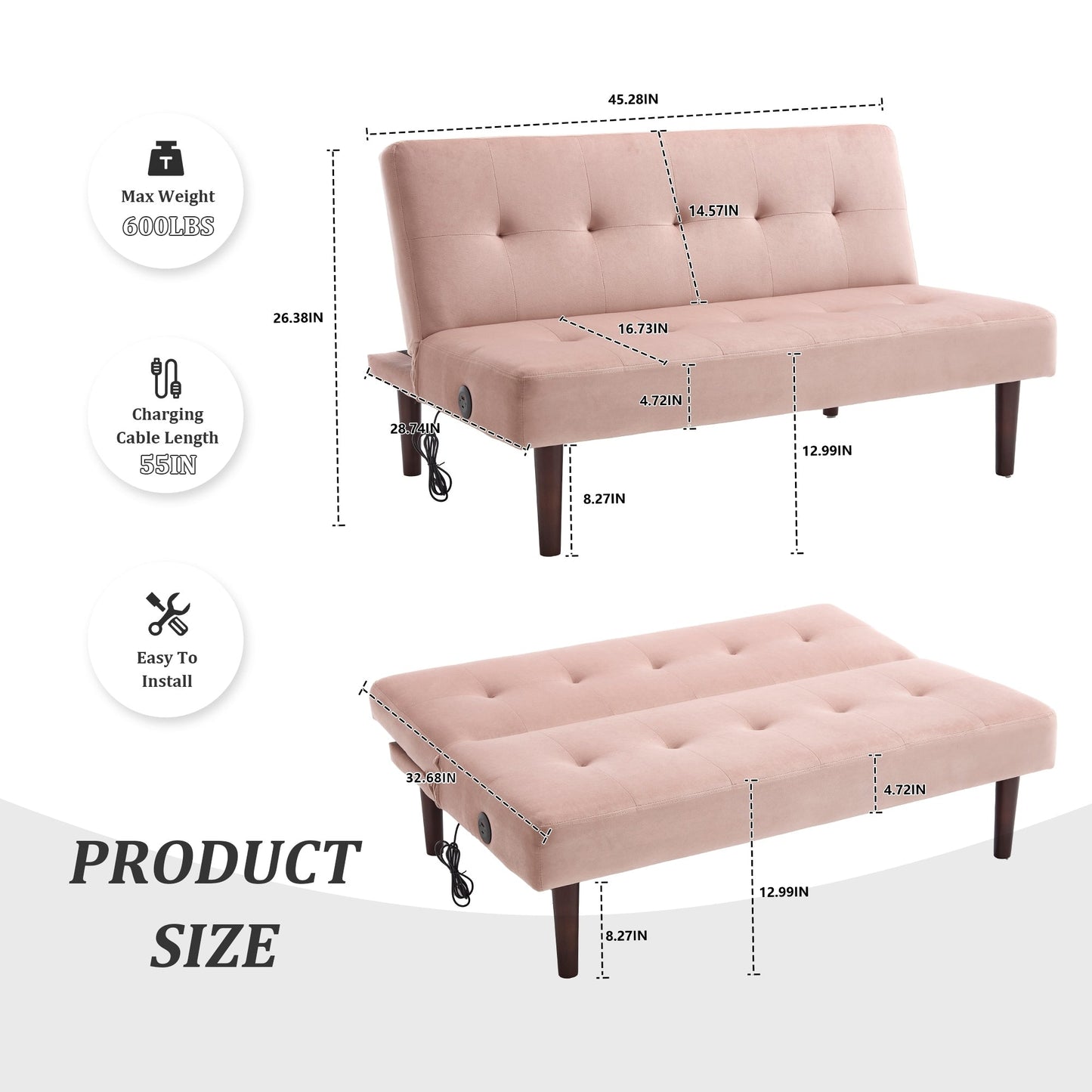 Divano letto pieghevole alla moda, schienale in tessuto di flanella di alta qualità, divano reclinabile futon regolabile, divano moderno alla moda con porta di ricarica