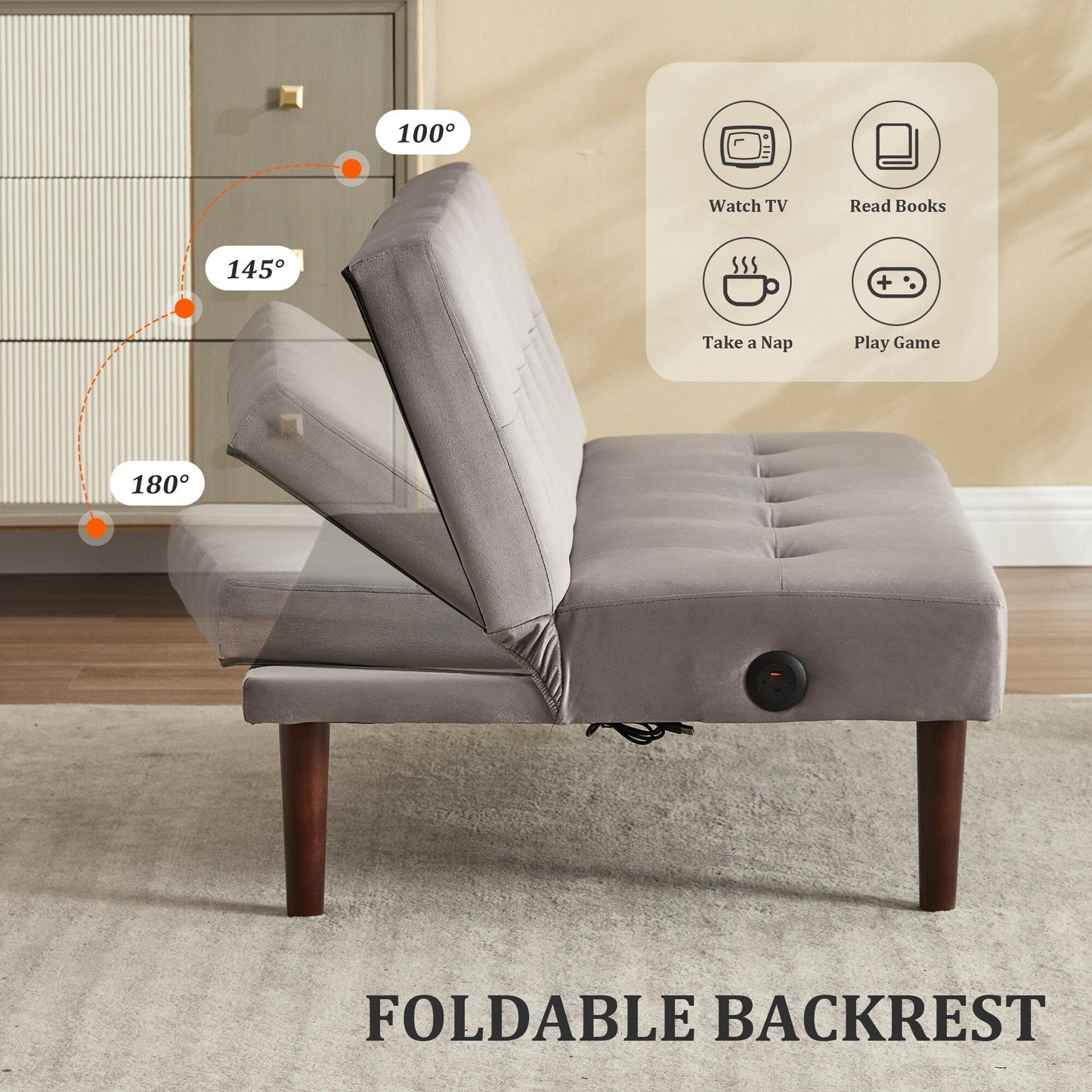 Divano letto pieghevole alla moda, schienale in tessuto di flanella di alta qualità, divano reclinabile futon regolabile, divano moderno alla moda con porta di ricarica