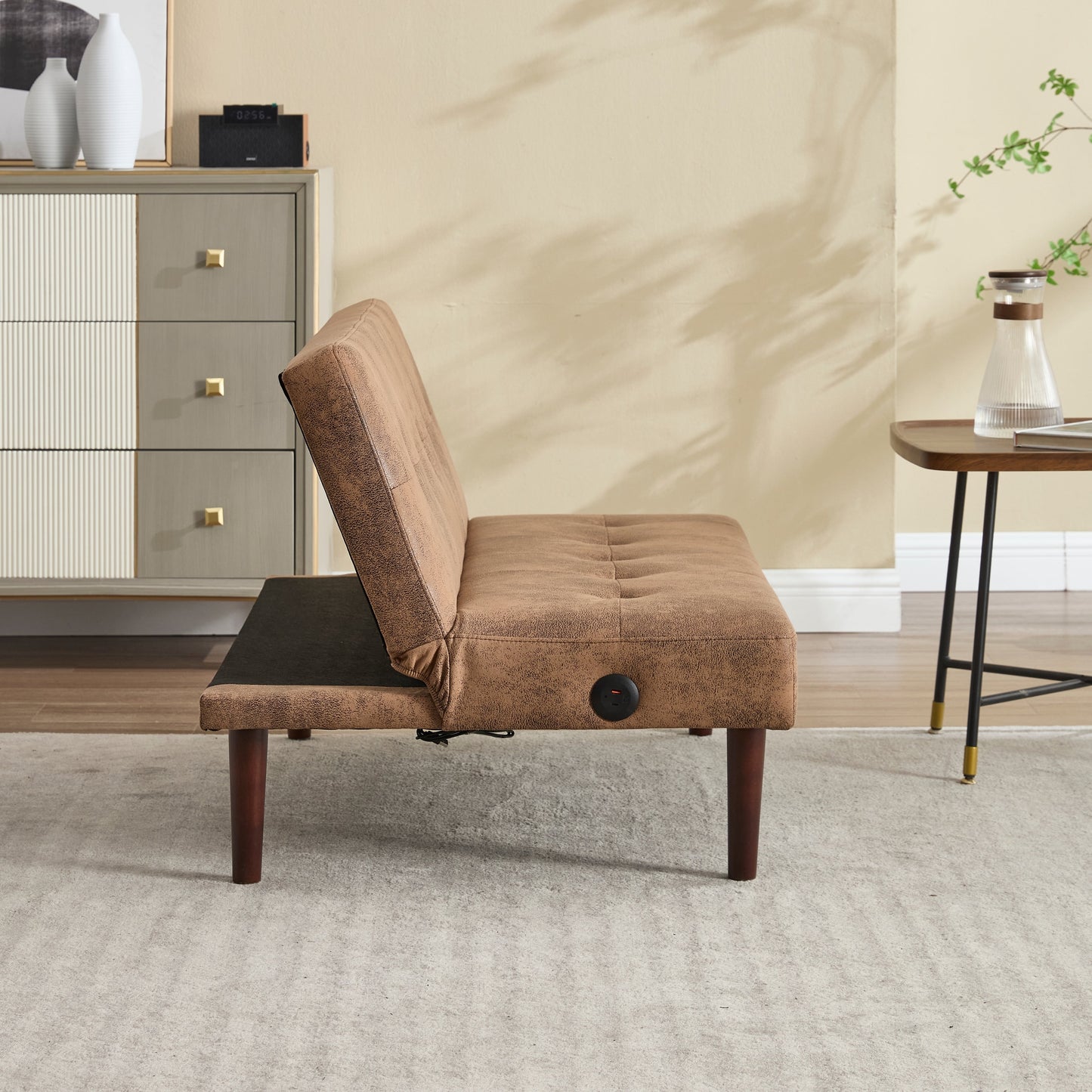 Divano letto pieghevole alla moda, schienale in tessuto di flanella di alta qualità, divano reclinabile futon regolabile, divano moderno alla moda con porta di ricarica