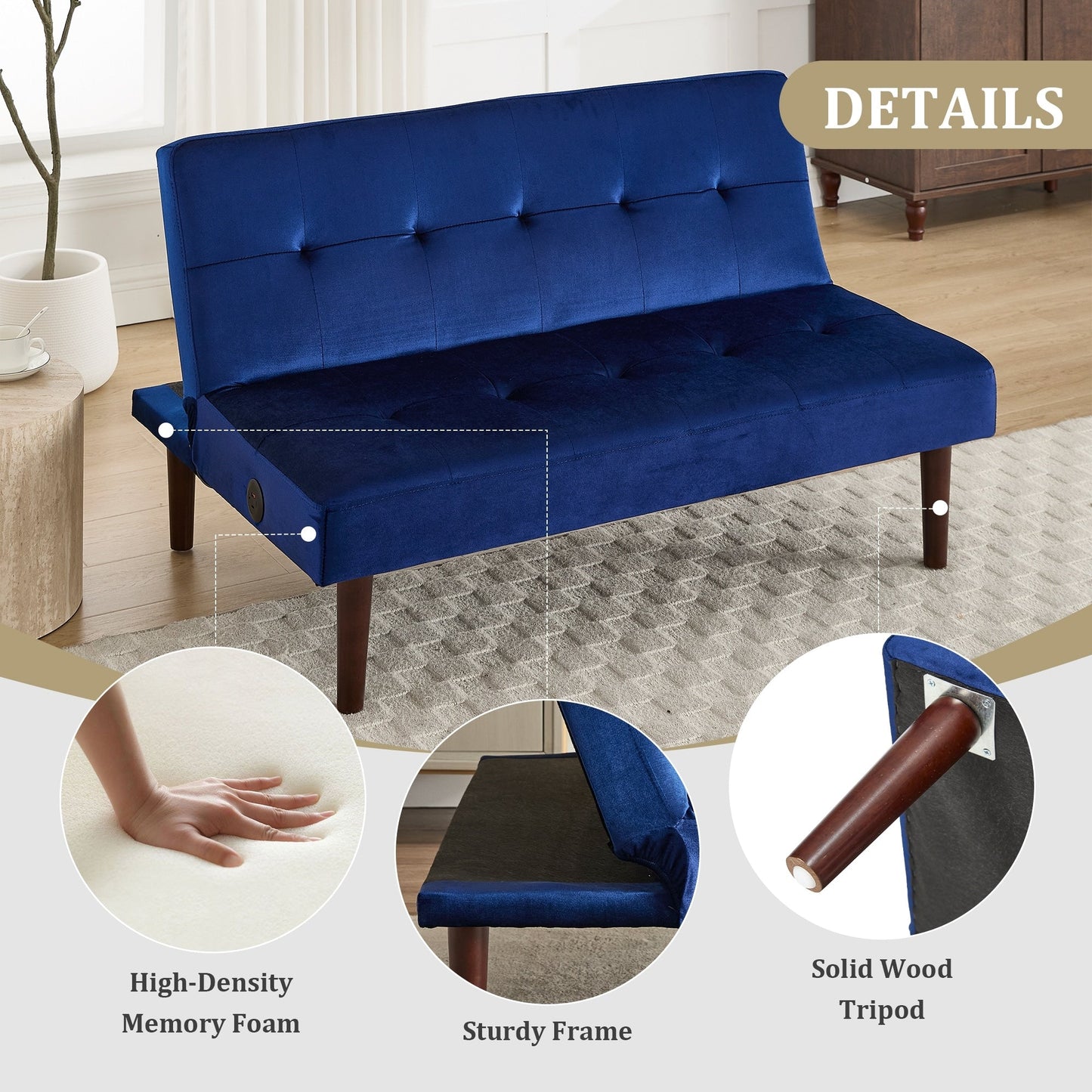 Divano letto pieghevole alla moda, schienale in tessuto di flanella di alta qualità, divano reclinabile futon regolabile, divano moderno alla moda con porta di ricarica