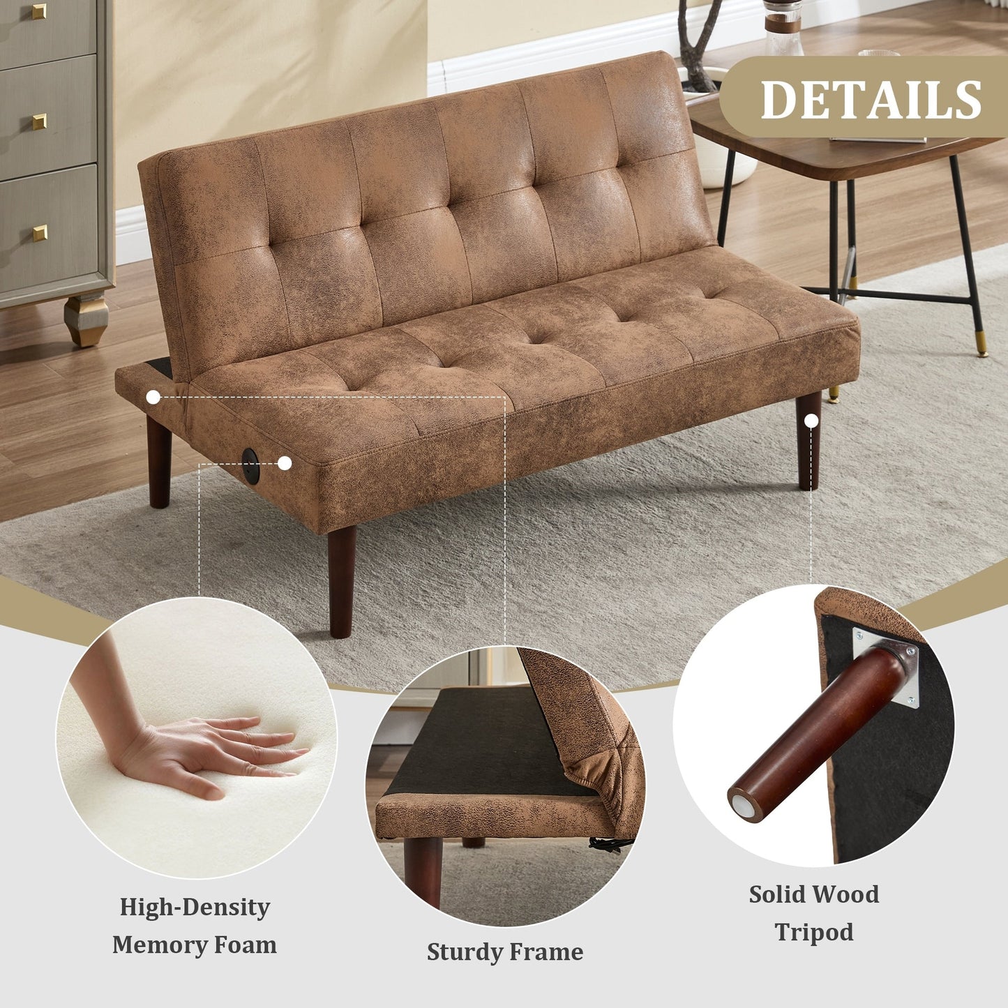 Divano letto pieghevole alla moda, schienale in tessuto di flanella di alta qualità, divano reclinabile futon regolabile, divano moderno alla moda con porta di ricarica