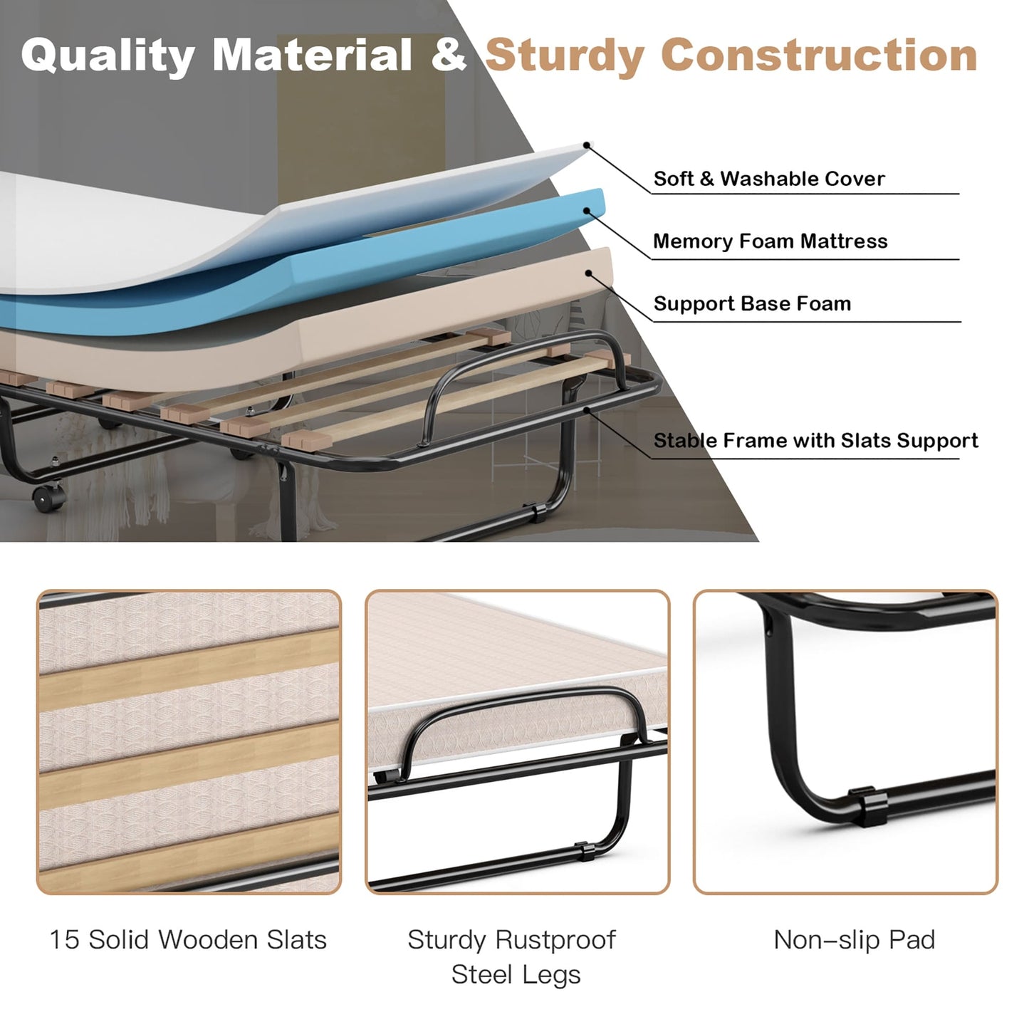 Letto pieghevole con materasso in memory foam, letto per ospiti, prodotto in Italia