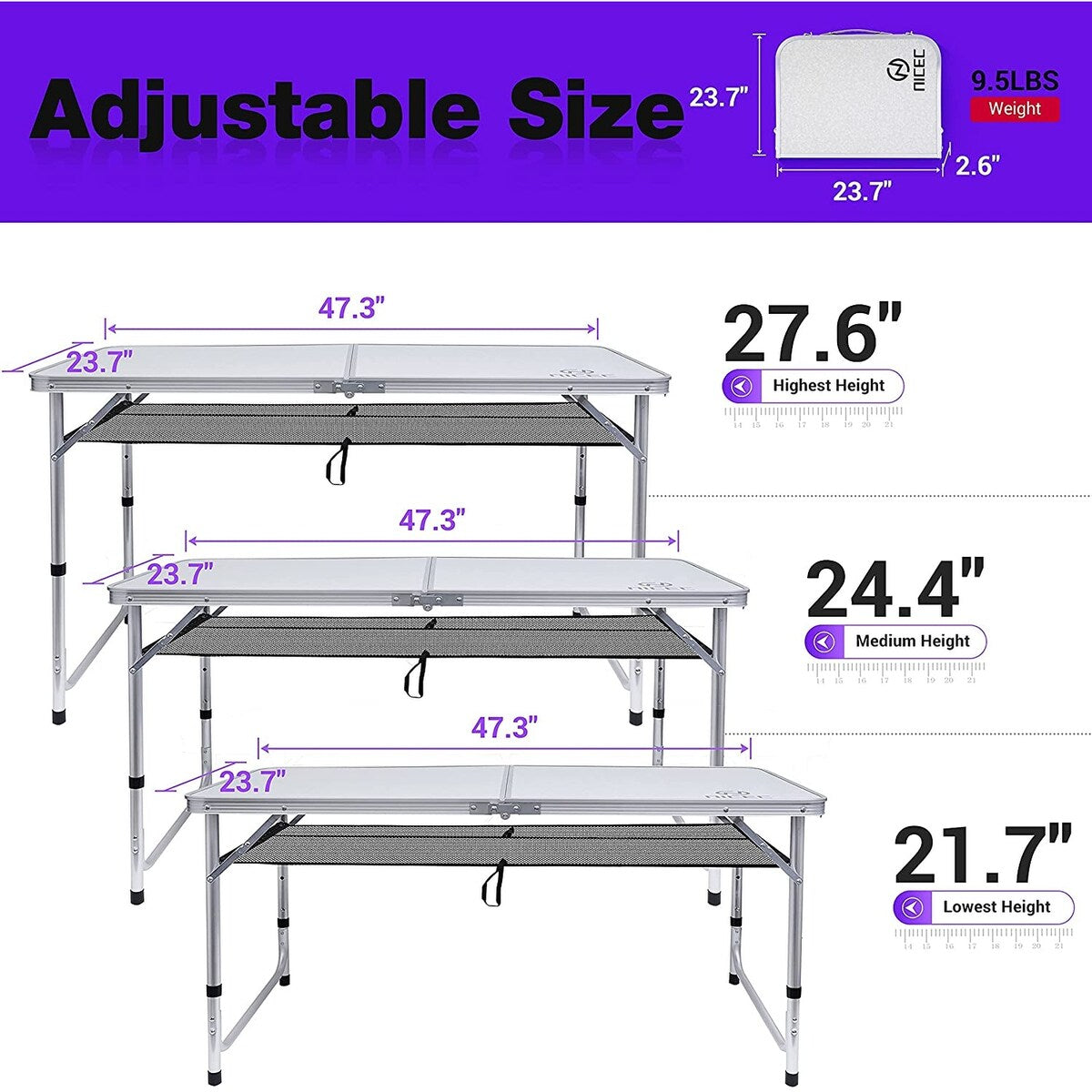 Tavolo da gioco pieghevole regolabile in altezza, tavolo da campeggio portatile in alluminio leggero, con maniglia per il trasporto per esterni, spiaggia