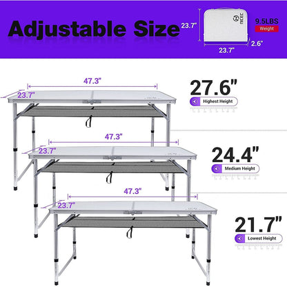 Tavolo da gioco pieghevole regolabile in altezza, tavolo da campeggio portatile in alluminio leggero, con maniglia per il trasporto per esterni, spiaggia