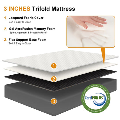 Materasso pieghevole, materasso in memory foam pieghevole in tre parti da 3 pollici per campeggio, letto per gli ospiti pieghevole, fodera lavabile