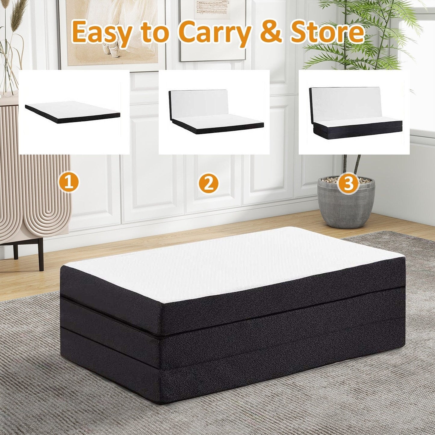 Materasso pieghevole, materasso in memory foam pieghevole in tre parti da 3 pollici per campeggio, letto per gli ospiti pieghevole, fodera lavabile