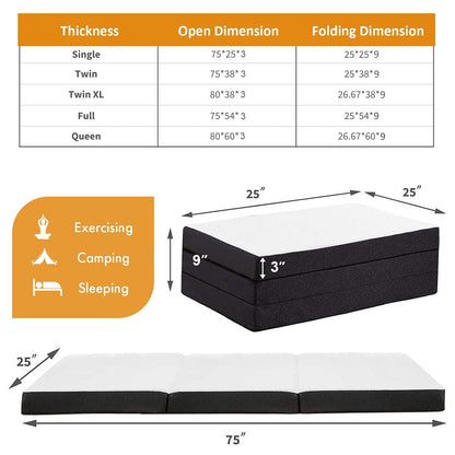 Materasso pieghevole, materasso in memory foam pieghevole in tre parti da 3 pollici per campeggio, letto per gli ospiti pieghevole, fodera lavabile