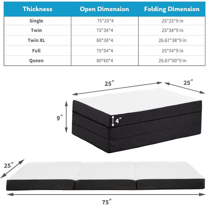 Materasso pieghevole, materasso in memory foam pieghevole in tre parti da 4 pollici con fodera traspirante e lavabile, materasso portatile e pieghevole
