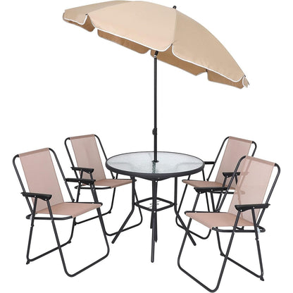 Set da pranzo pieghevole per patio, set da pranzo per esterni da 6 pezzi con ombrellone inclinato, 4 sedie pieghevoli beige, 1 tavolo rotondo in vetro temperato