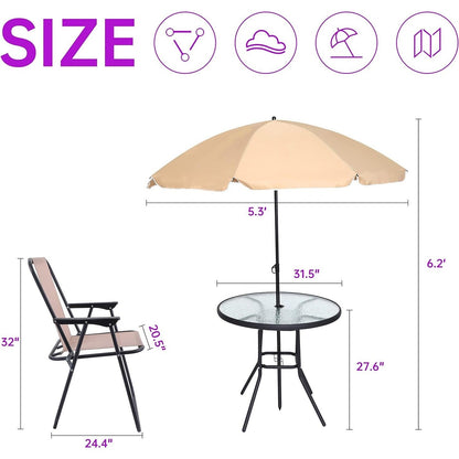 Set da pranzo pieghevole per patio, set da pranzo per esterni da 6 pezzi con ombrellone inclinato, 4 sedie pieghevoli beige, 1 tavolo rotondo in vetro temperato
