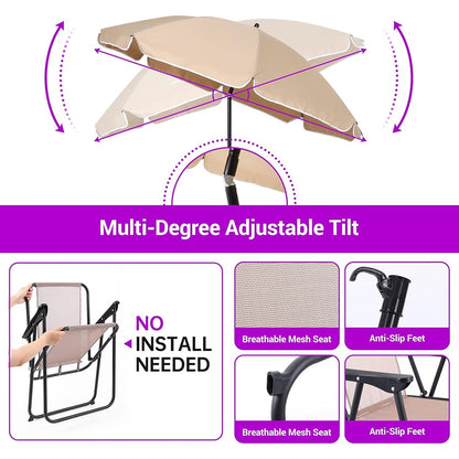 Set da pranzo pieghevole per patio, set da pranzo per esterni da 6 pezzi con ombrellone inclinato, 4 sedie pieghevoli beige, 1 tavolo rotondo in vetro temperato