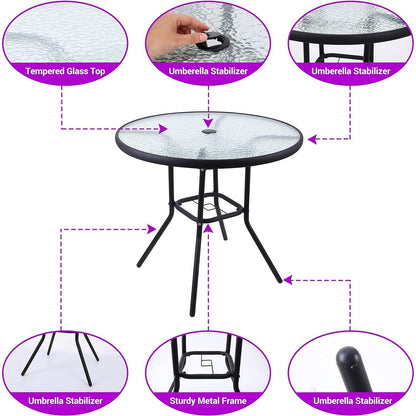 Set da pranzo pieghevole per patio, set da pranzo per esterni da 6 pezzi con ombrellone inclinato, 4 sedie pieghevoli beige, 1 tavolo rotondo in vetro temperato