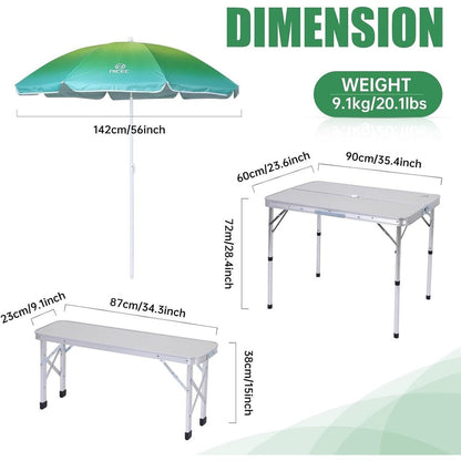 Tavolo da picnic pieghevole e ombrellone da campeggio per feste in giardino, patio, prato - Bianco con ombrellone