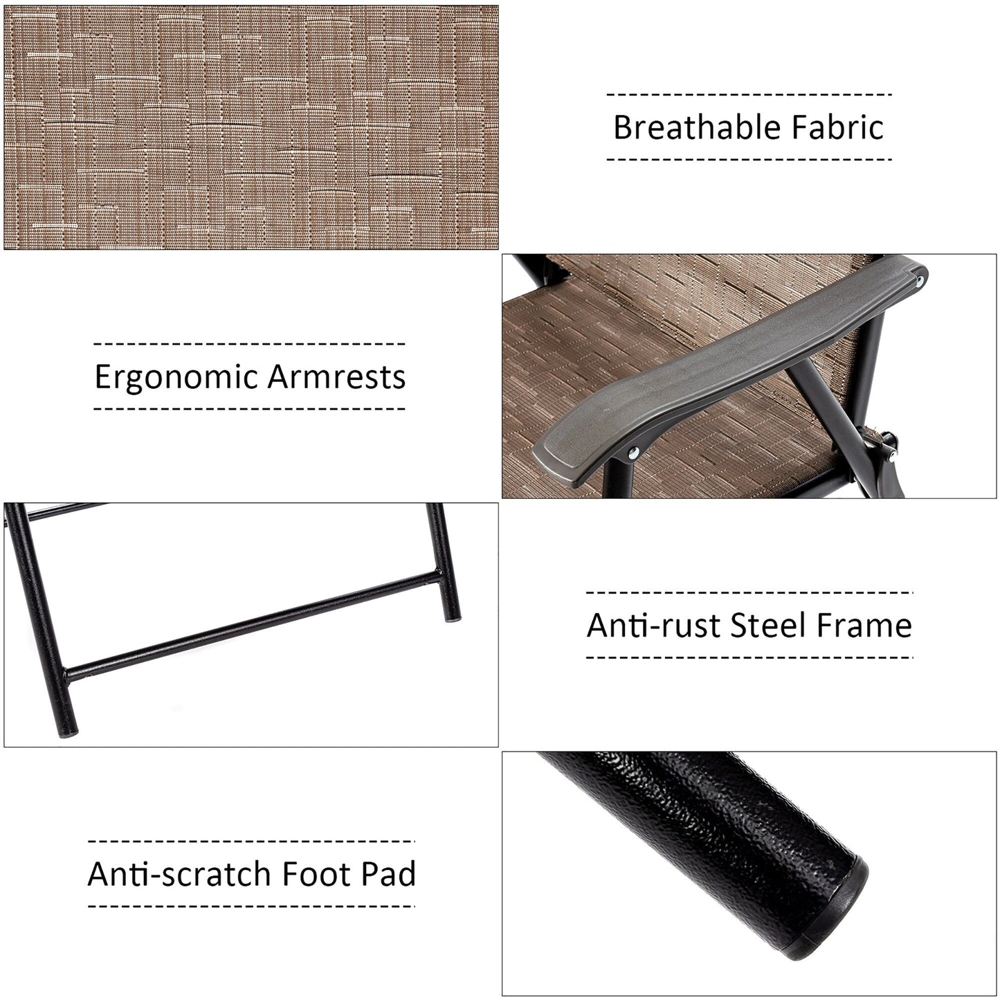 Sedia pieghevole con fionda, set di 2 poltrone da giardino, marrone