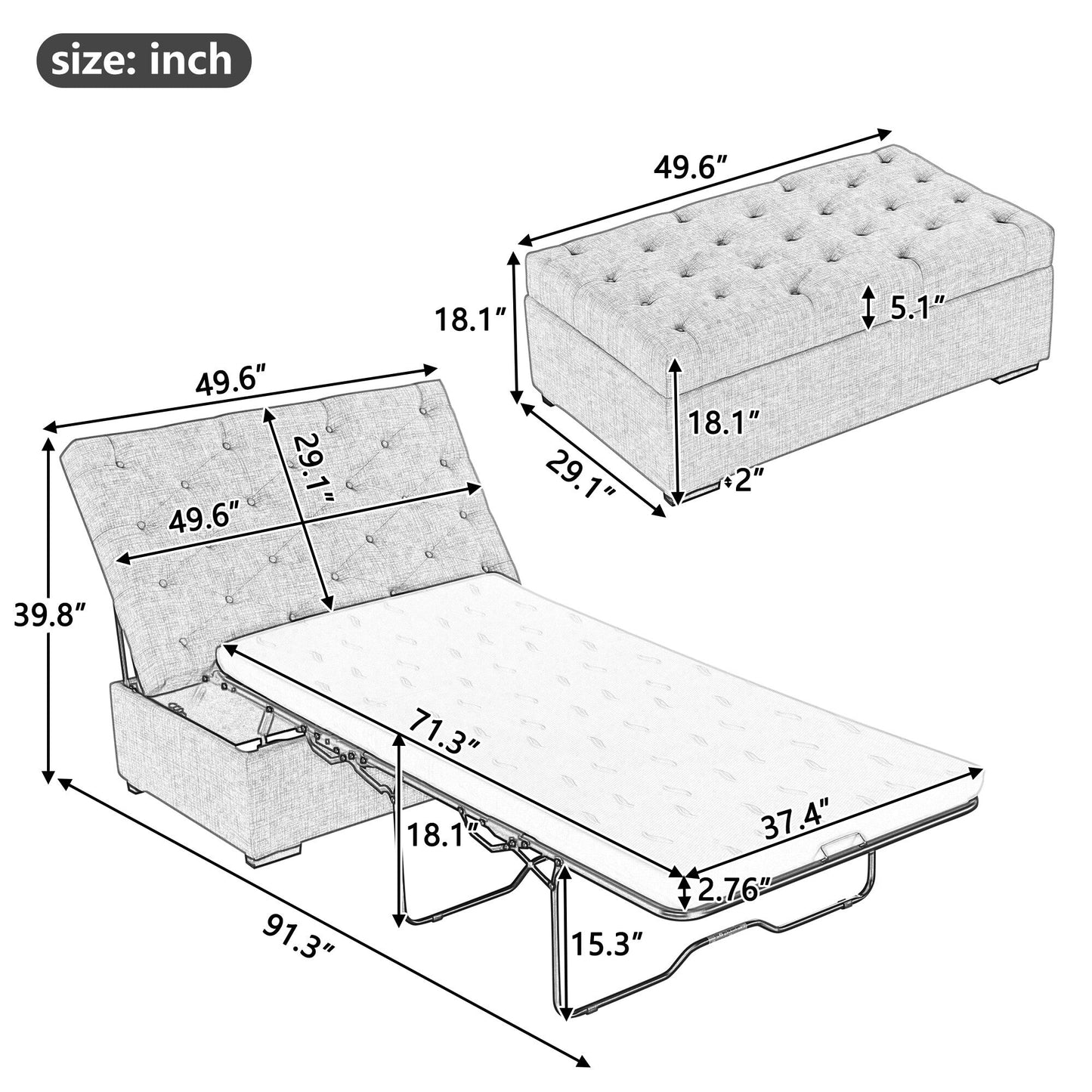 Divano letto pieghevole, pouf da 49,6 con divano letto pieghevole, pouf trasformabile con materasso memory foam e design trapuntato