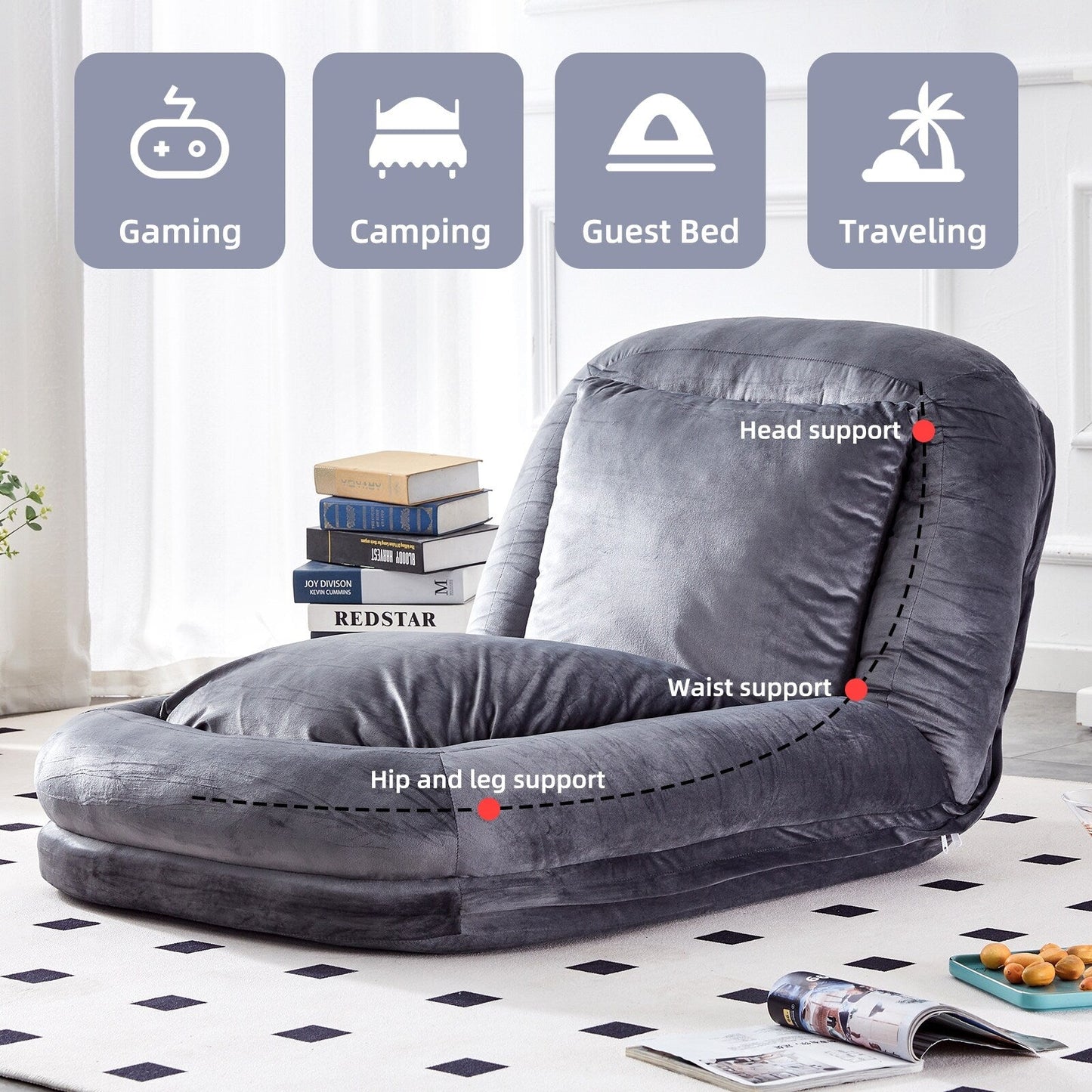 Poltrona pieghevole con 5 posizioni regolabili, morbida poltrona da pavimento per giocare, meditare e rilassarsi