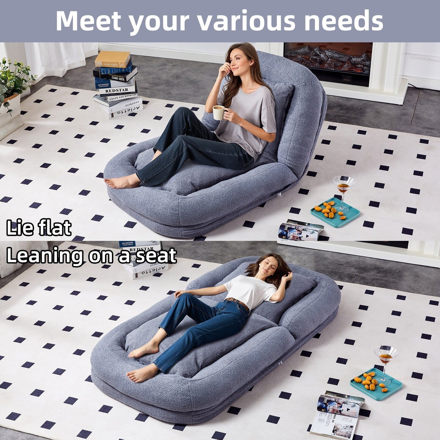 Poltrona pieghevole con 5 posizioni regolabili, morbida poltrona da pavimento per giocare, meditare e rilassarsi