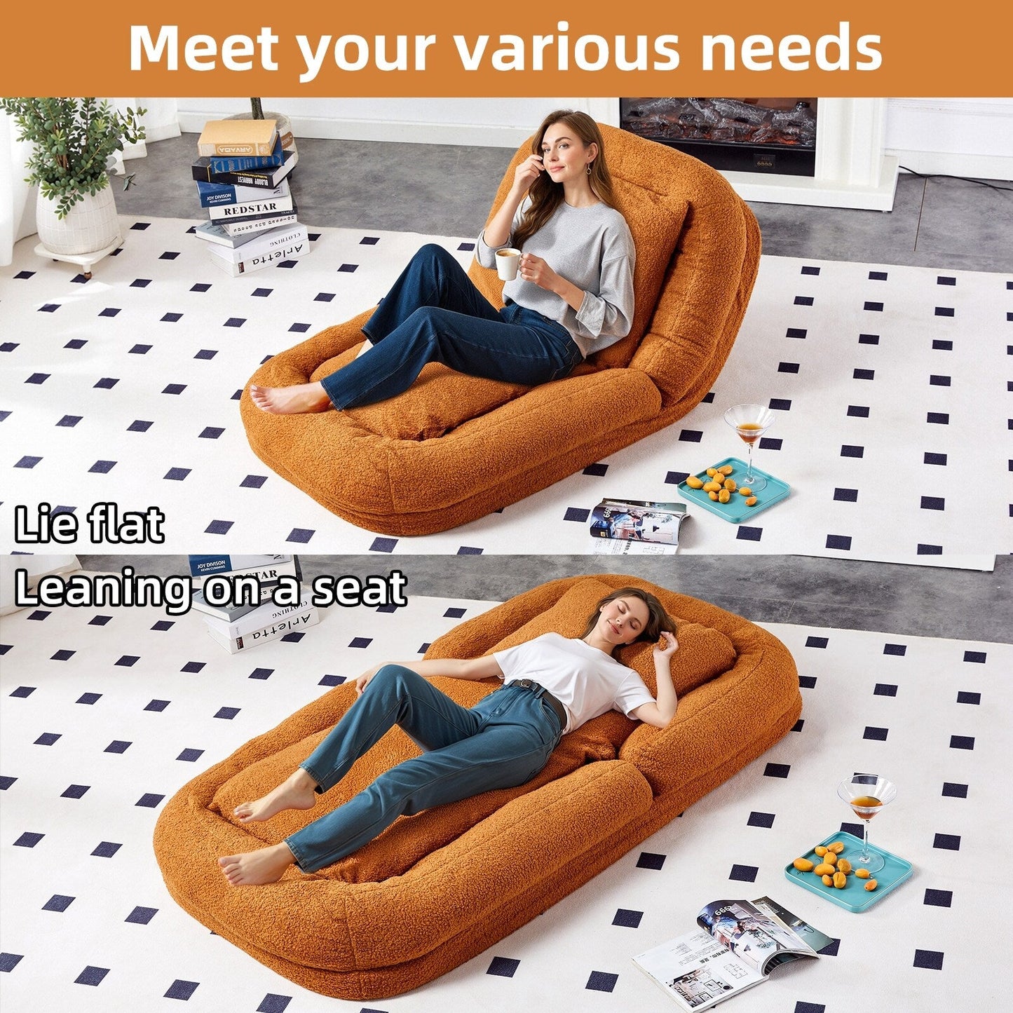 Poltrona pieghevole con 5 posizioni regolabili, morbida poltrona da pavimento per giocare, meditare e rilassarsi