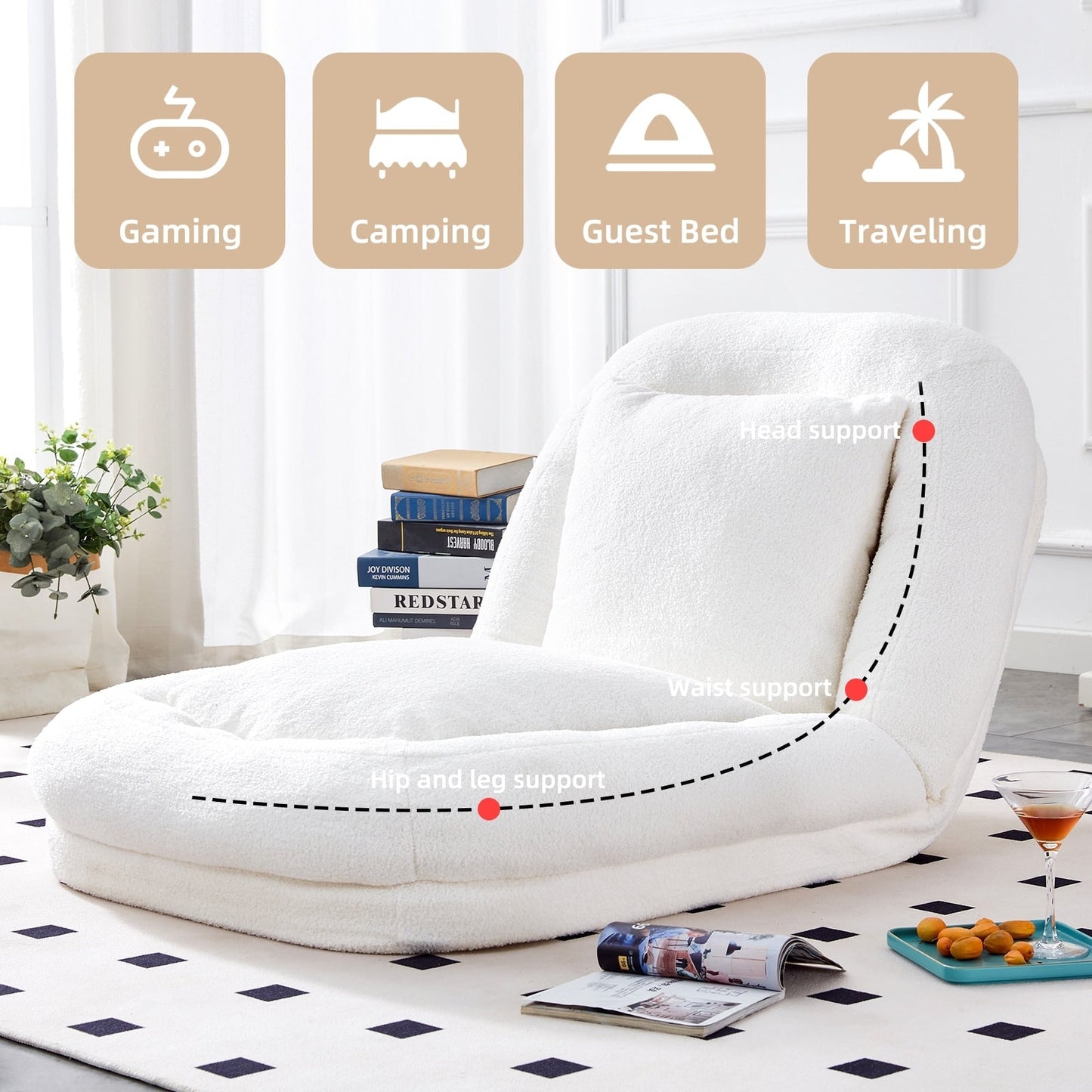 Poltrona pieghevole con 5 posizioni regolabili, morbida poltrona da pavimento per giocare, meditare e rilassarsi