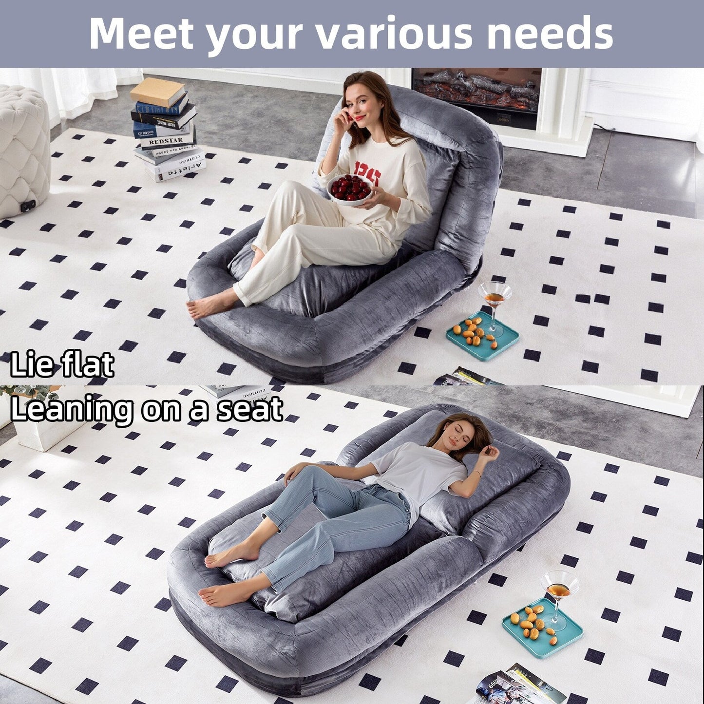 Poltrona pieghevole con 5 posizioni regolabili, morbida poltrona da pavimento per giocare, meditare e rilassarsi