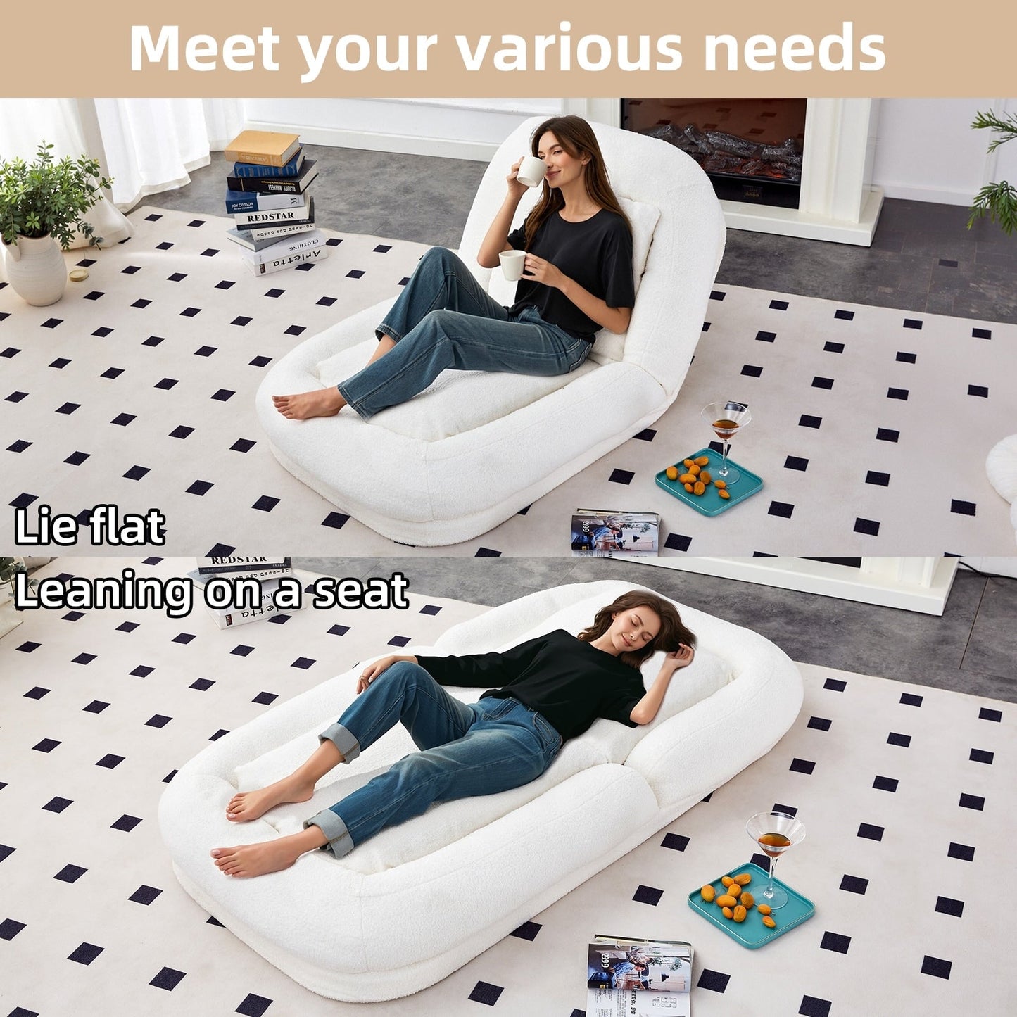 Poltrona pieghevole con 5 posizioni regolabili, morbida poltrona da pavimento per giocare, meditare e rilassarsi