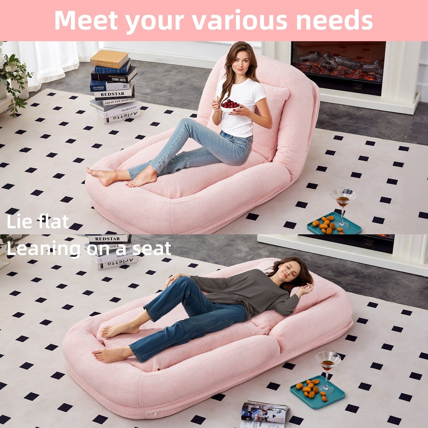 Poltrona pieghevole con 5 posizioni regolabili, morbida poltrona da pavimento per giocare, meditare e rilassarsi