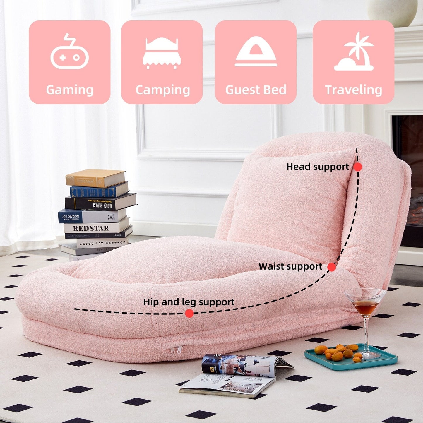 Poltrona pieghevole con 5 posizioni regolabili, morbida poltrona da pavimento per giocare, meditare e rilassarsi