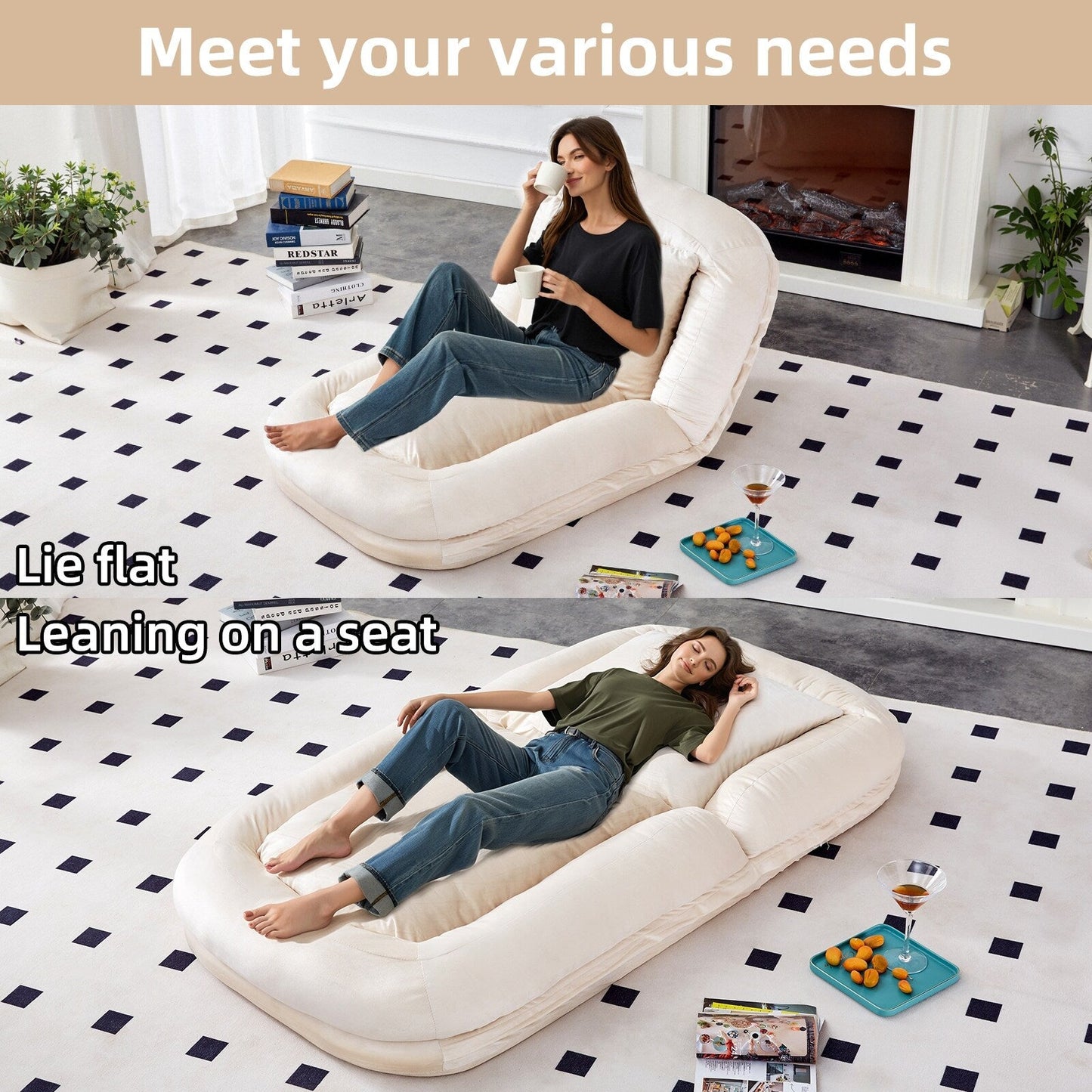 Poltrona pieghevole con 5 posizioni regolabili, morbida poltrona da pavimento per giocare, meditare e rilassarsi