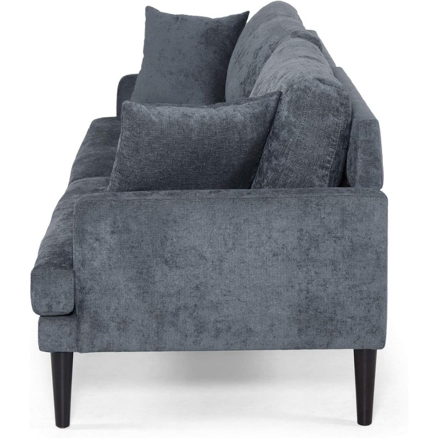 Divano Foli, gambe affusolate, 96 pollici, panche in peluche, tessuto blu scuro