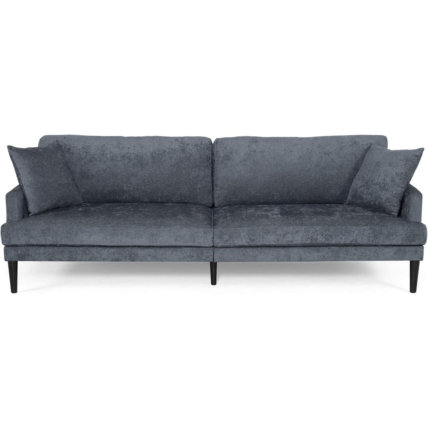 Divano Foli, gambe affusolate, 96 pollici, panche in peluche, tessuto blu scuro