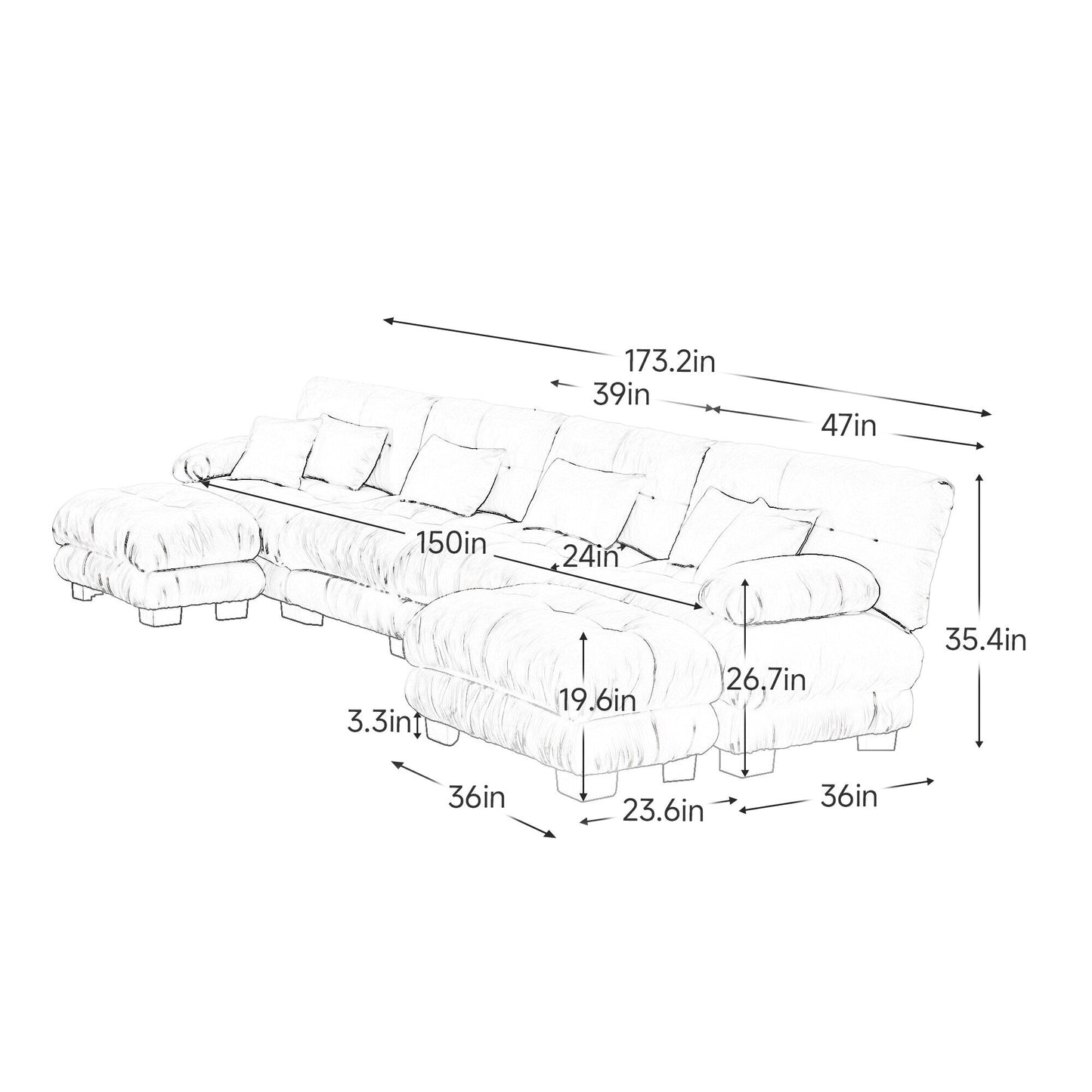 Divano componibile modulare a 4 posti in ciniglia con combinazione libera, 2 pouf e cuscino per soggiorno