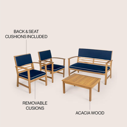 Set da esterno per patio Freja, 4 pezzi, in legno di acacia, stile costiero, moderno, con cuscini, di JONATHAN Y