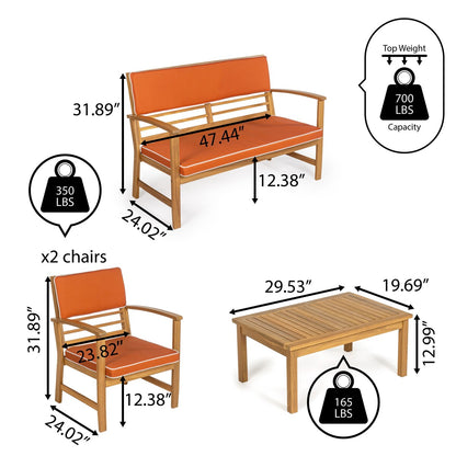 Set da esterno per patio Freja, 4 pezzi, in legno di acacia, stile costiero, moderno, con cuscini, di JONATHAN Y