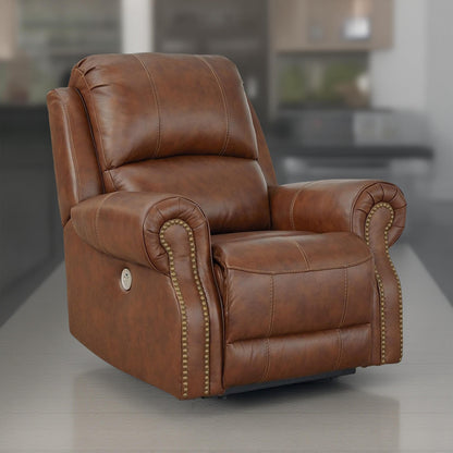 Poltrona reclinabile elettrica Freye, USB, morbida pelle marrone chiaro imbottita