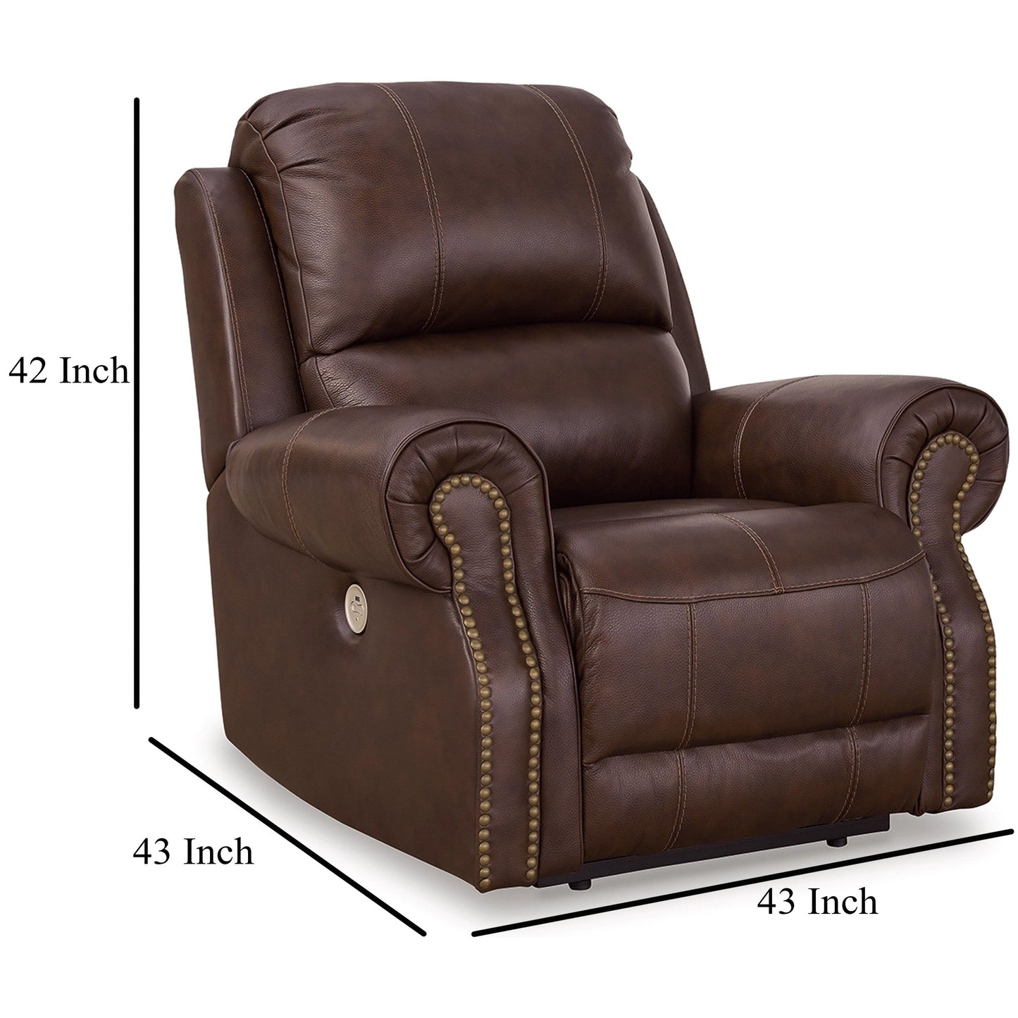 Poltrona reclinabile elettrica Freye, USB, Zero Wall, pelle marrone scuro, finiture con borchie