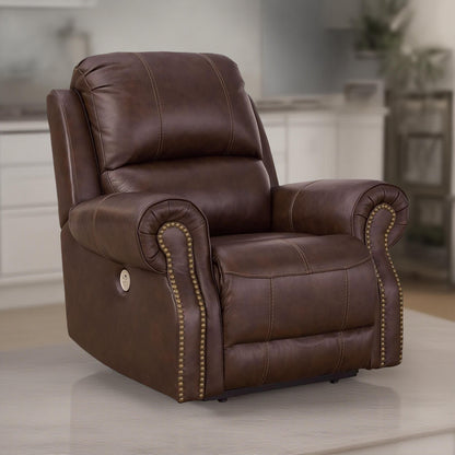 Poltrona reclinabile elettrica Freye, USB, Zero Wall, pelle marrone scuro, finiture con borchie