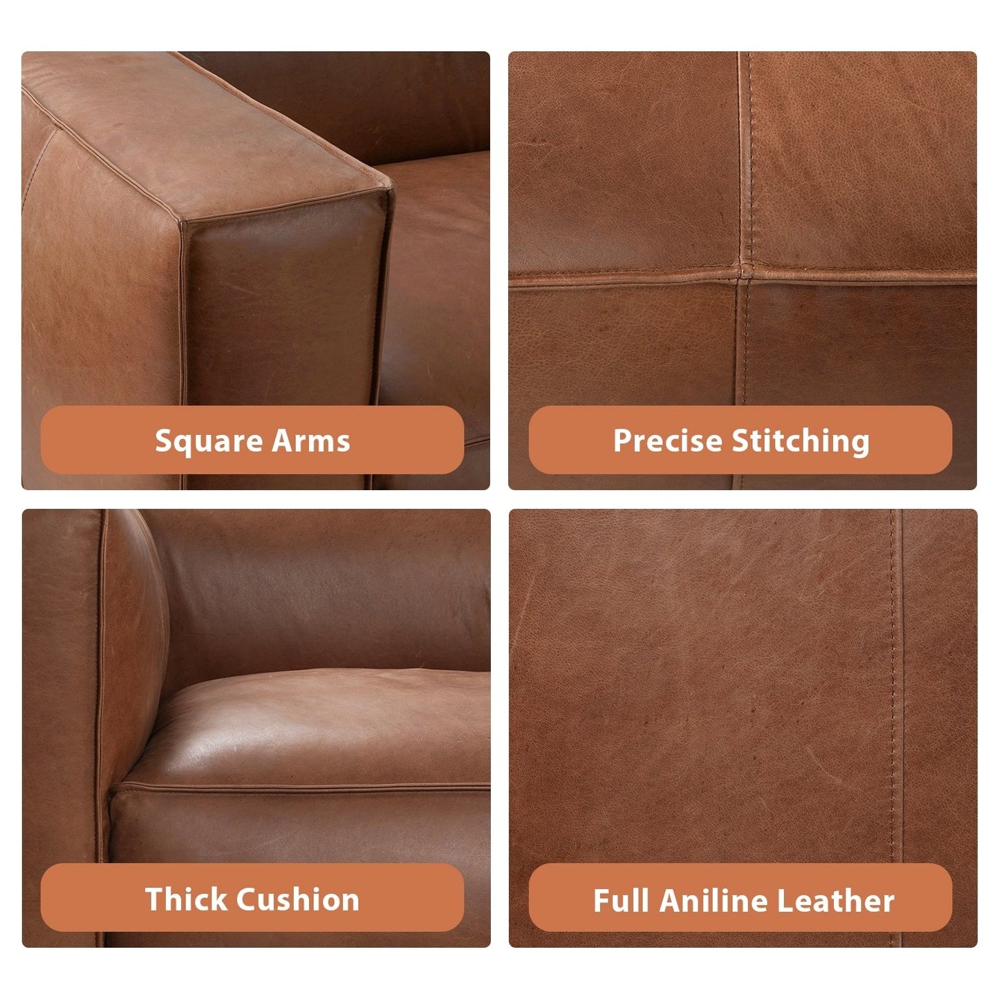 Divano moderno in vera pelle per soggiorno UR Livingroom, interamente in pelle anilina, dimensioni: 100 x 43 x 26,25 cm.